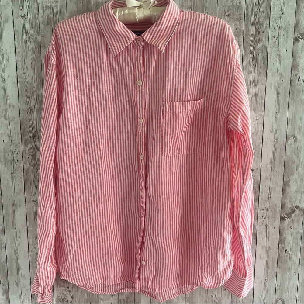 Vineyard Vines Linen Red Striped Women's Button Down Shirt Preppy Medium